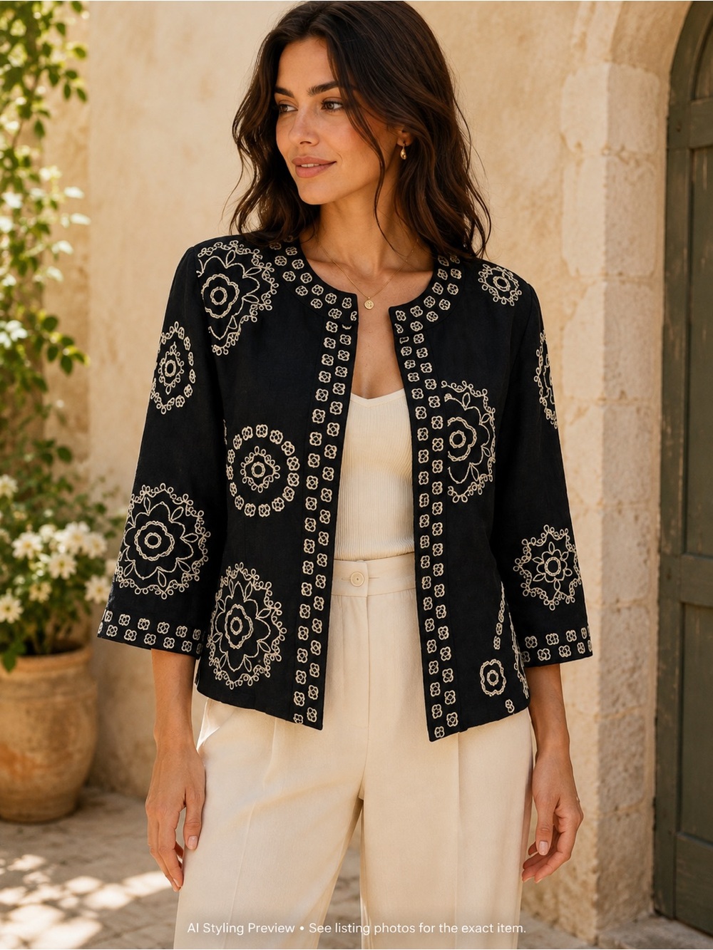 David Brooks Black Silk Embroidered Jacket Petite Large Boho Artisan
